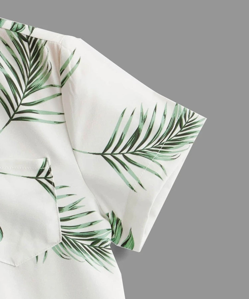 Venutaloza Green Floral & Letters Designer Button Front Shirt For Boy.