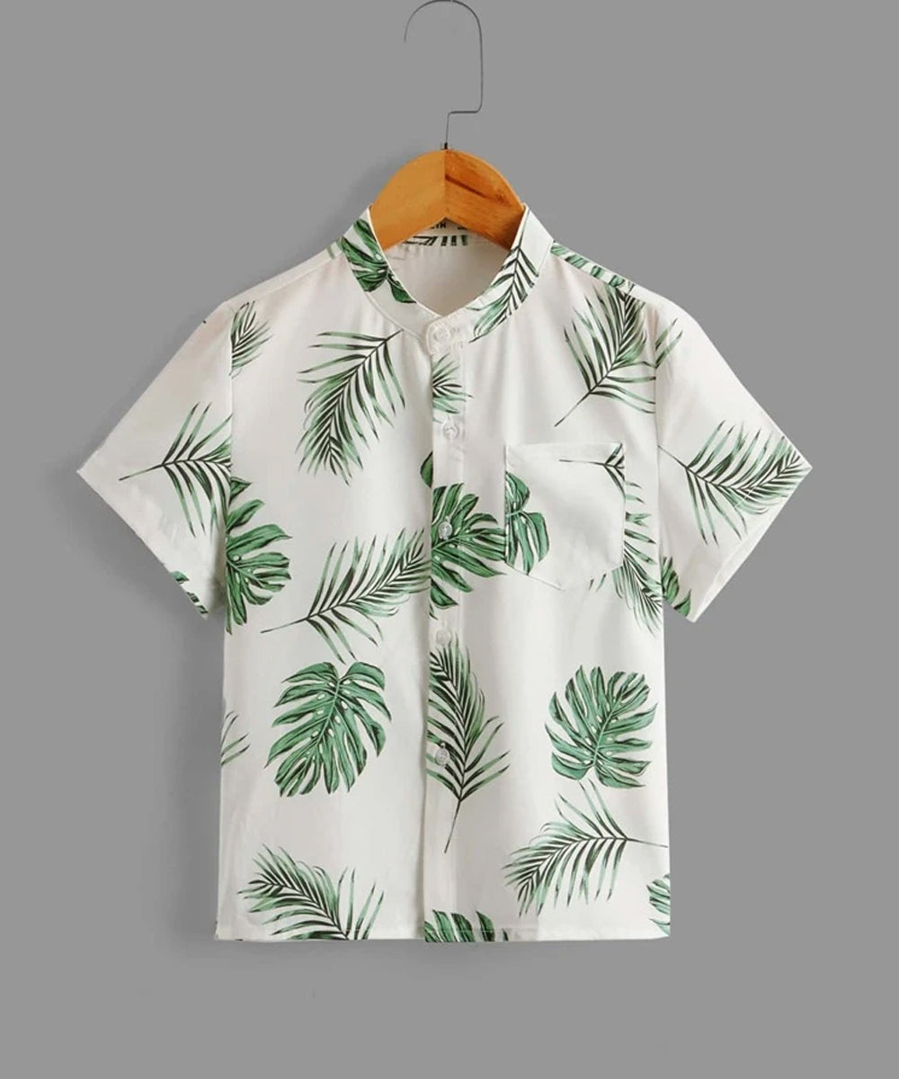 Venutaloza Green Floral & Letters Designer Button Front Shirt For Boy.