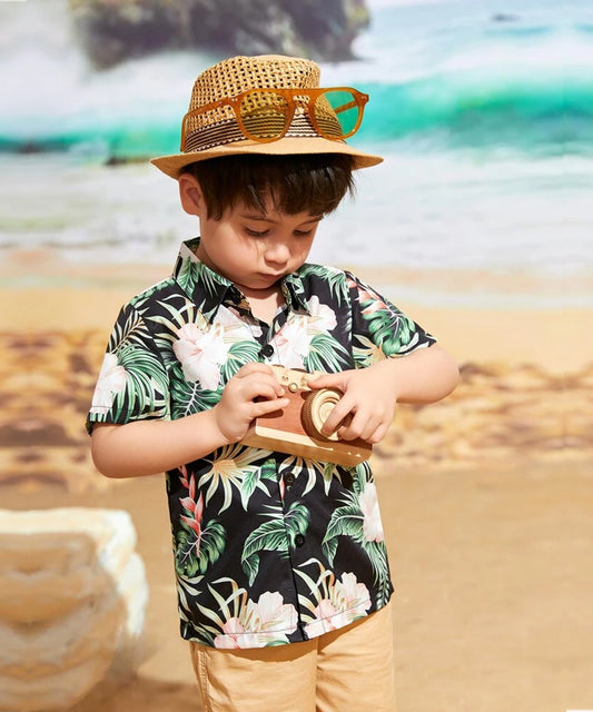 Venutaloza Toddler Tropical Floral Button Front Shirt For Boy.