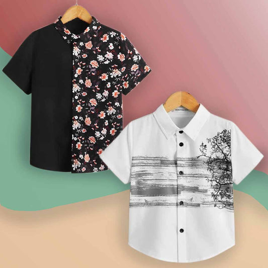 Venutaloza Black Floral & Tree Graphic Designer Button Front Shirt For Boy.