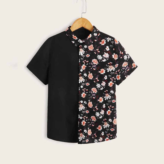 Venutaloza Black Floral Panel Button up Short Sleeve Shirt For Boy.