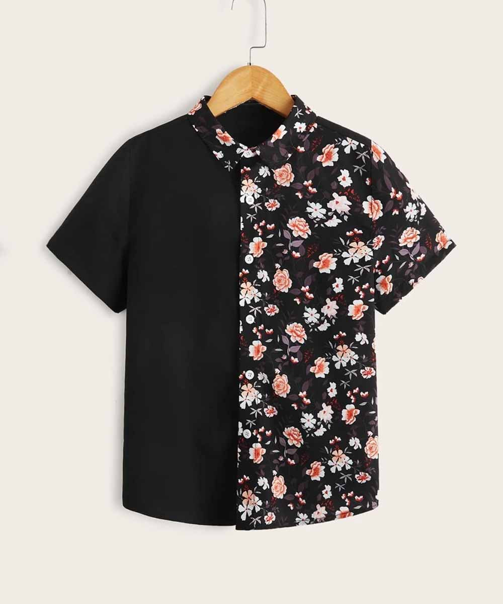 Venutaloza Black Floral Panel Button up Short Sleeve Shirt For Boy.