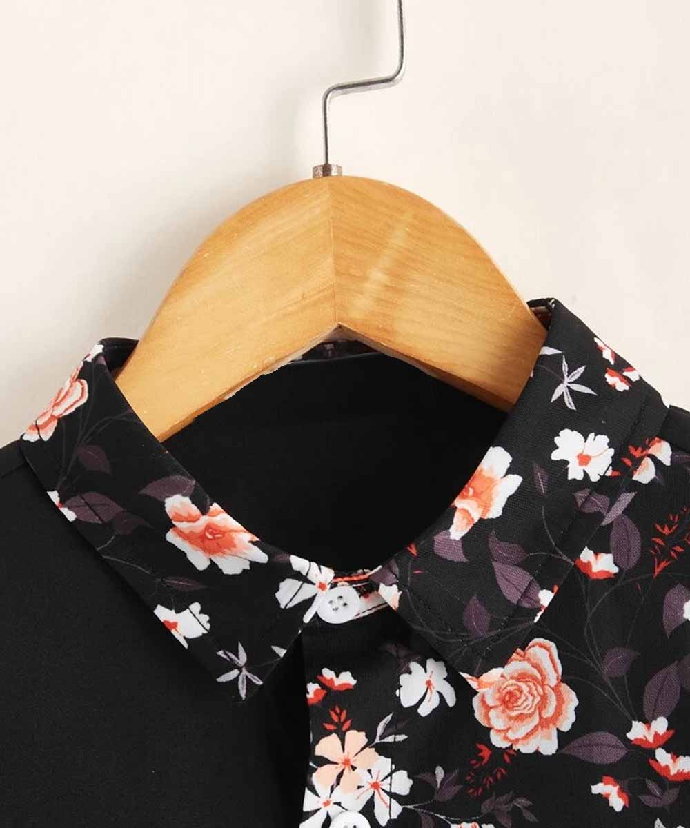 Venutaloza Black Floral Panel Button up Short Sleeve Shirt For Boy.
