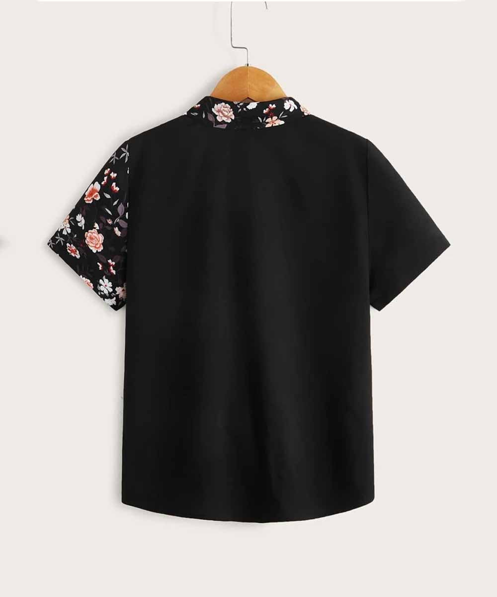 Venutaloza Black Floral Panel Button up Short Sleeve Shirt For Boy.