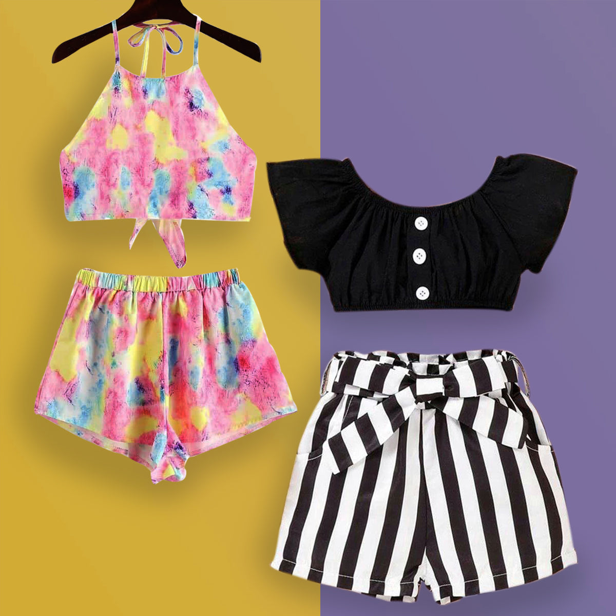 Princess BabyGirl's Black Strip & Rainbow Top Sleeveless And Shorts ( Combo Pack Of 2 ) for Kids.