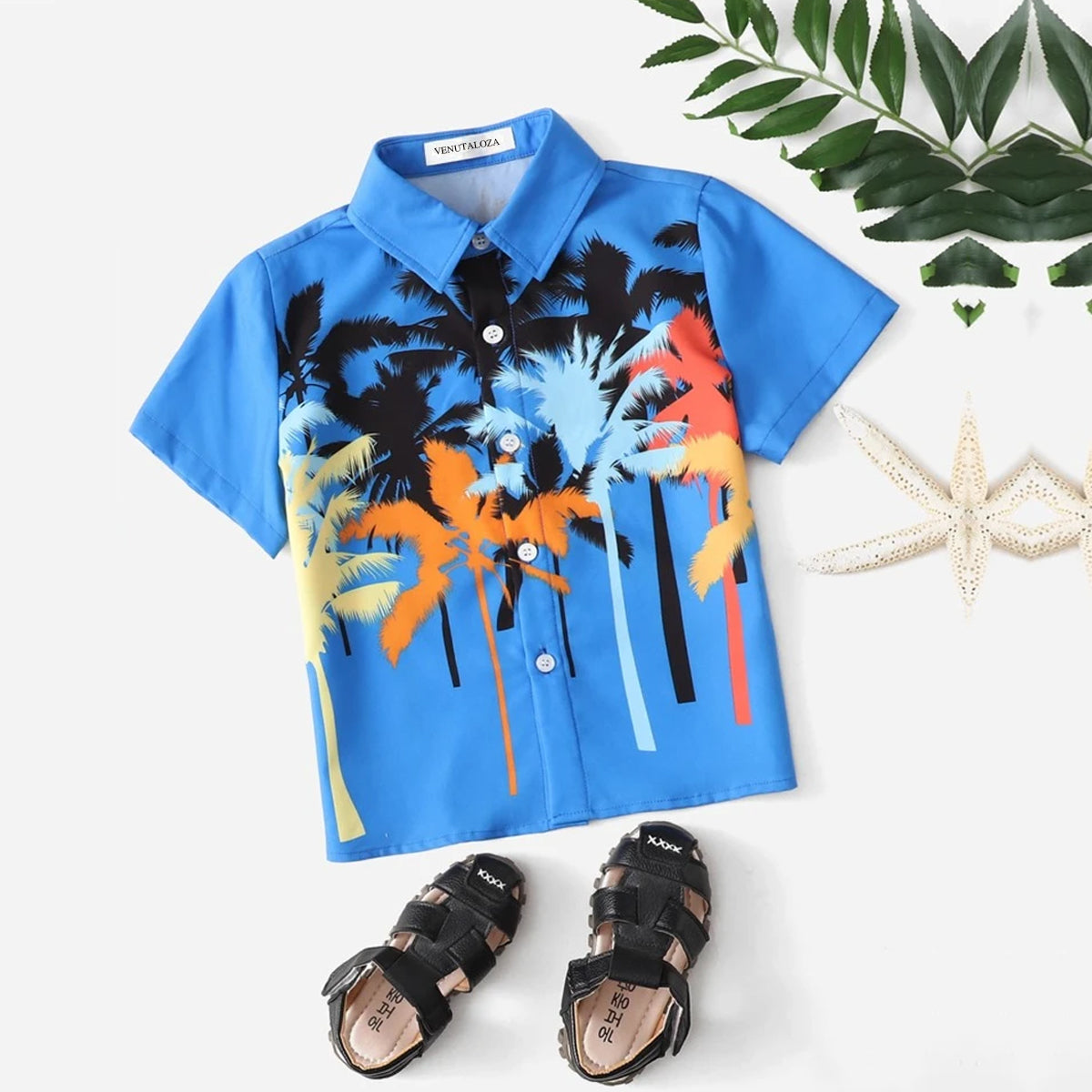 Venutaloza Boy's Coconut Tree Blue Print Shirt For Boy.
