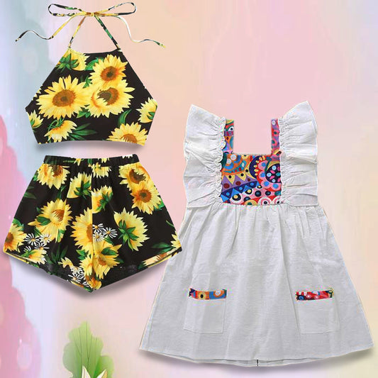 BabyGirl's White Floral Tunic Dress & Black Floral Top Sleeveless And Shorts Combo for Kids.