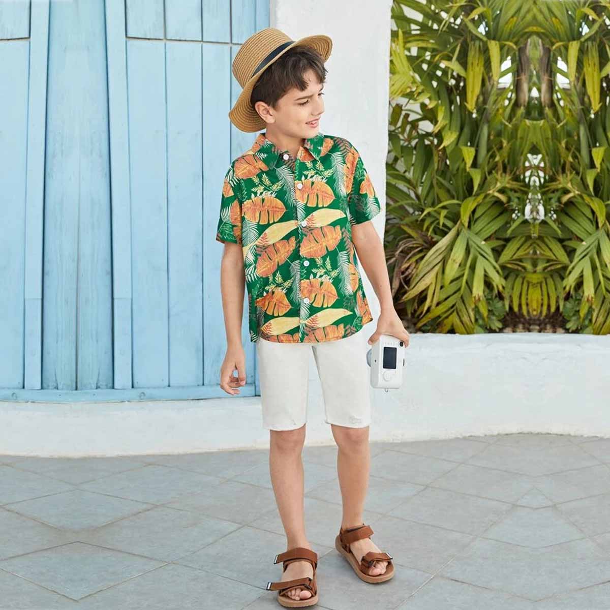 VENUTALOZA Toddler Boy Ttopical Print & Button Front Shirt For Boy.