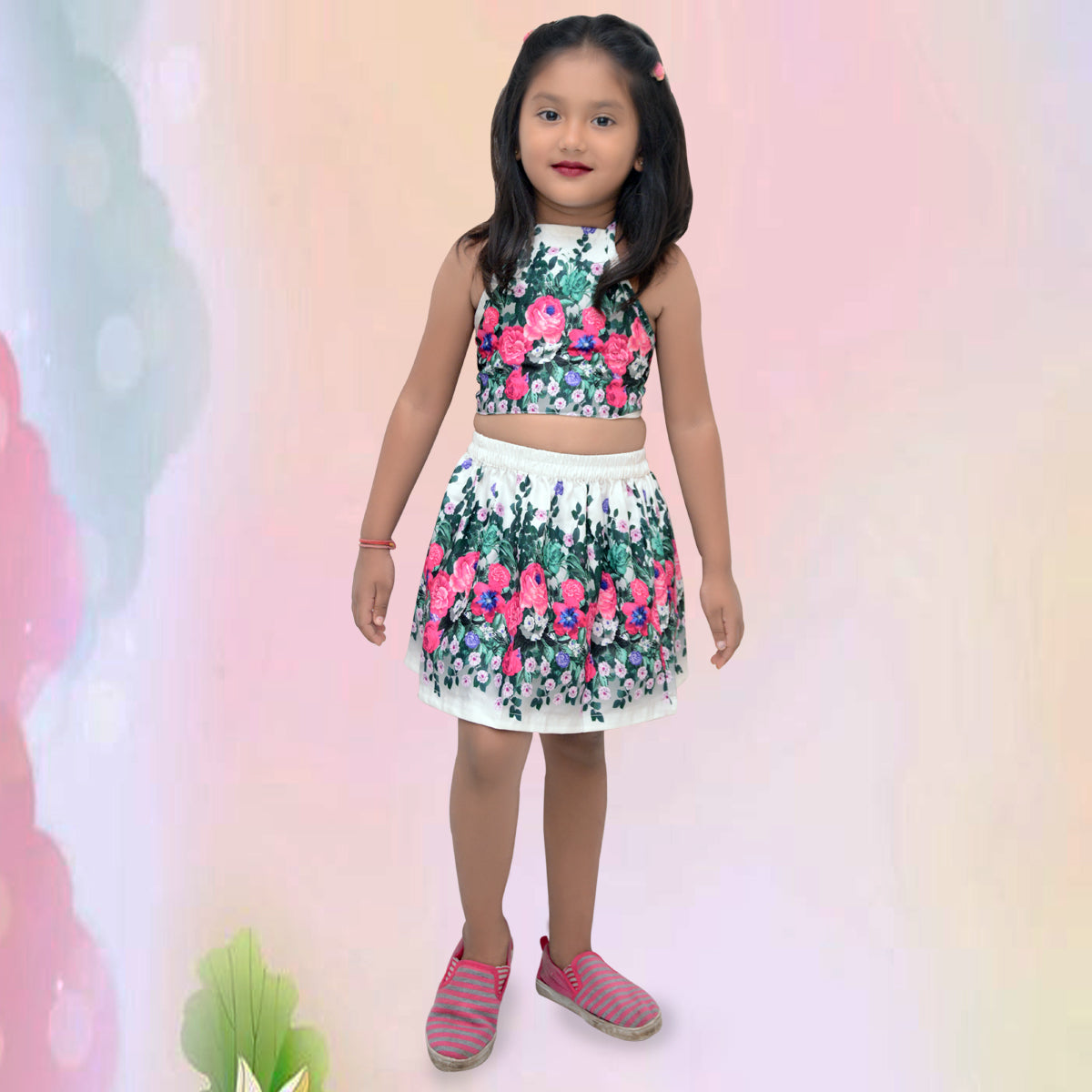Princess BabyGirl's Floral & Pink Floral Belted Top Sleeveless And Shorts ( Combo Pack Of 2 ) for Kids.