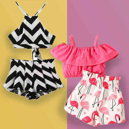 Stylish Designer Flamingo Print & Black White Lining Top And Shorts ( Combo Pack Of 2 ) for Kids.
