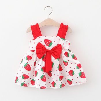 Red Strawberry Stylish Strips Design Midi Frock Dress for kids.