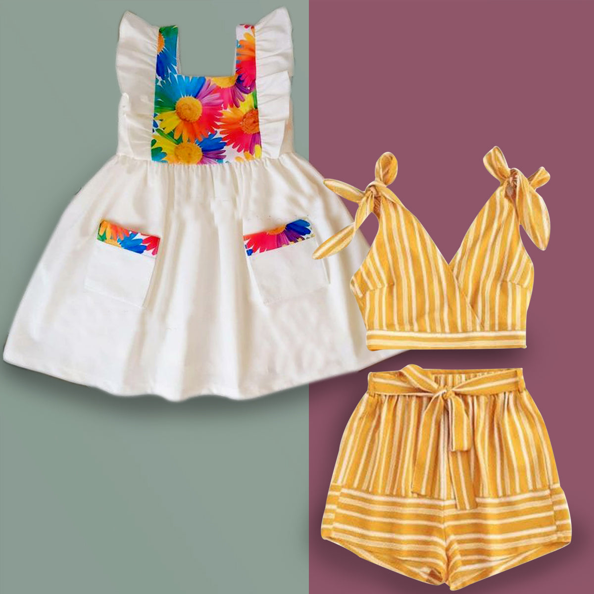 Stylish Cutiepie Princess BabyGirl's White Floral Tunic Dresses_Frocks & Yellow Strip Designer Strip Set Combo for Kids.