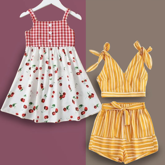Unique Stylish Yellow Lining Strip Set & Cherry Designer Dresses_Frocks Combo for Baby Girls.