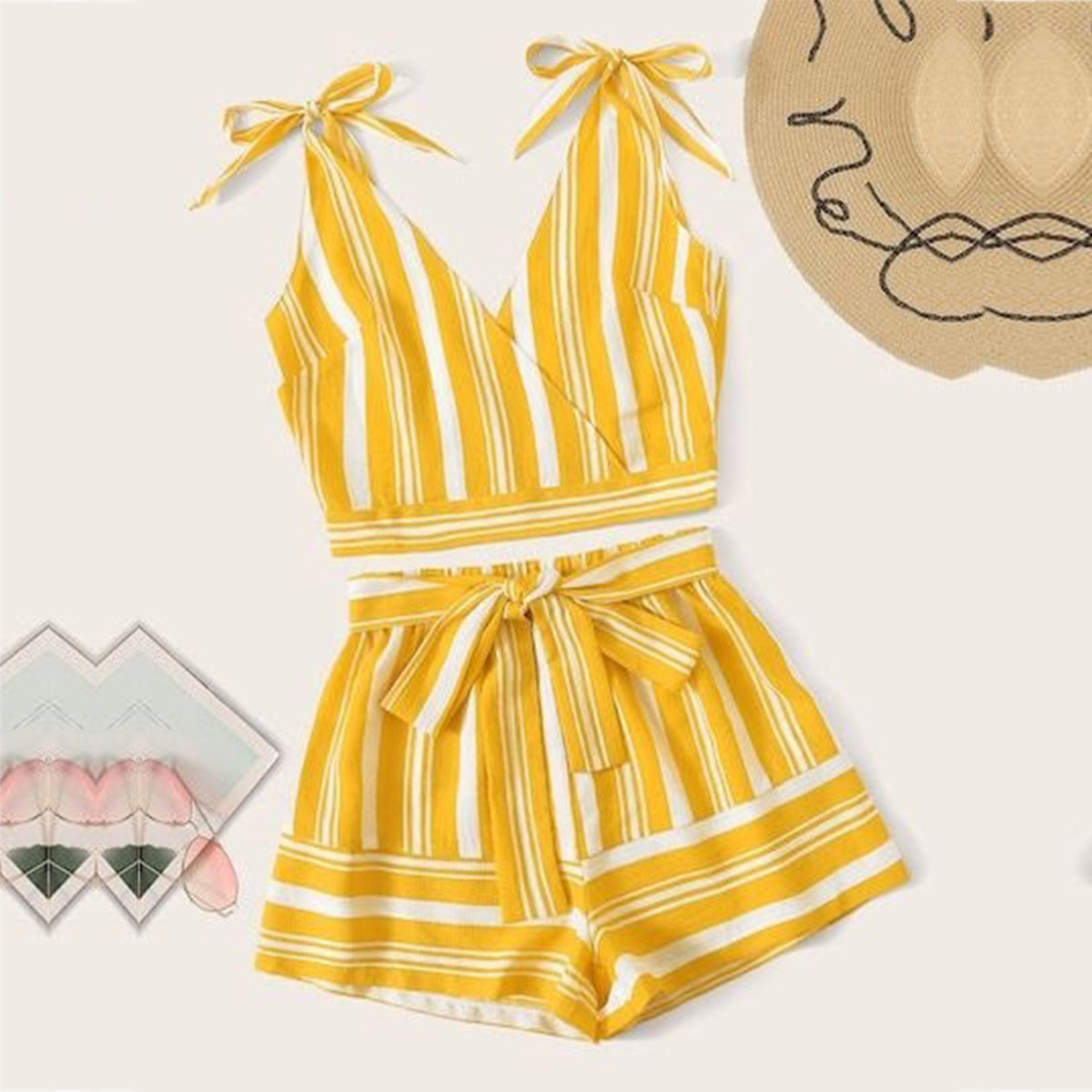 Crop Stylish Yellow Lining Top Sleeveless And Shorts For Baby Girls.