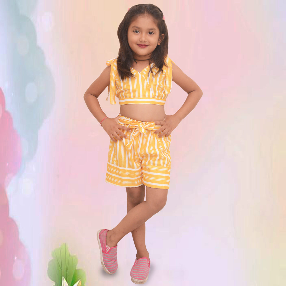 Princess BabyGirl's Yellow_Red Lining Belted  Top Sleeveless And Shorts (Combo Pack Of 2) for Kids.
