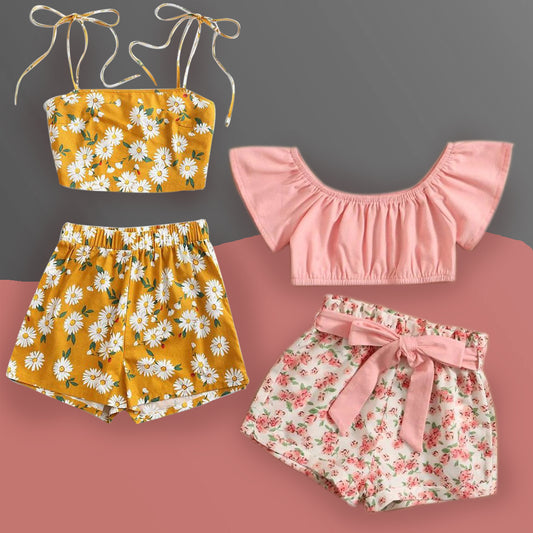 Cutiepie BabyGirl's Stylish Pink Floral & Yellow Floral Strip ( Combo Pack Of 2 ) Set Combo for Kids.