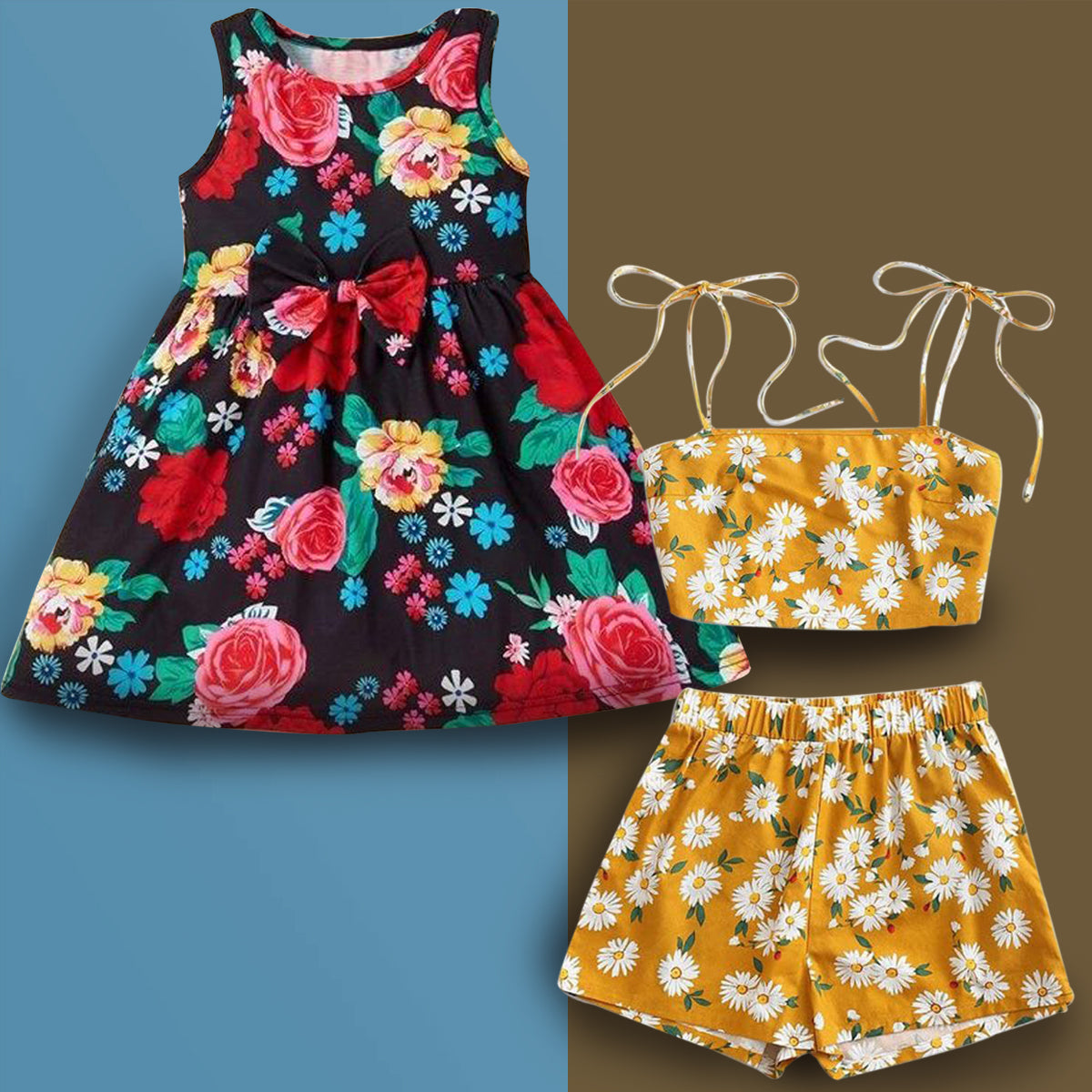 Princess BabyGirl's Stylish Floral Tunic Frocks & Yellow Lining Strip Set Combo for Kids.