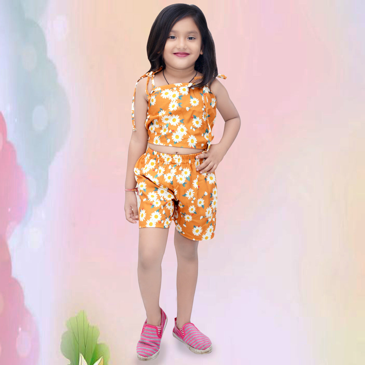 Princess BabyGirl's Stylish Floral Tunic Frocks & Yellow Lining Strip Set Combo for Kids.