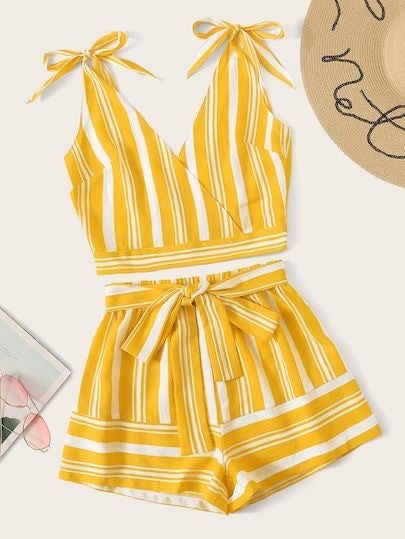 Crop Stylish Yellow Linings Top Sleeveless And Shorts For Baby Girls.