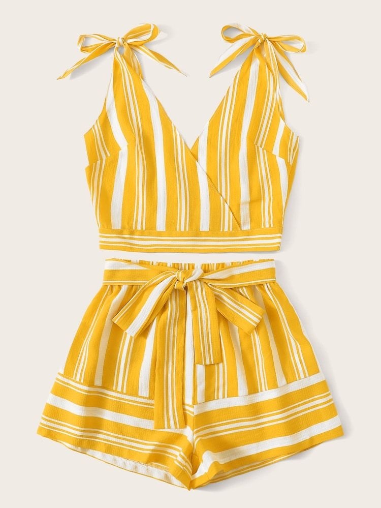 Crop Stylish Yellow Linings Top Sleeveless And Shorts For Baby Girls.