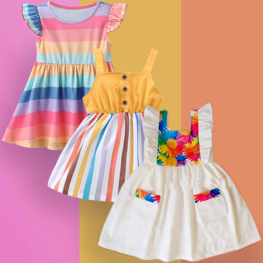 Stylish BabyGirl's White Pocket & Yellow Multi Lining & Multicolor Lining Dresses_Frocks 3 Combo for Kids.