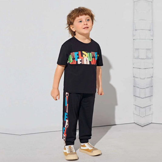 Venutaloza Toddler Boys letter Graphic T-Shirt & Pants Set.